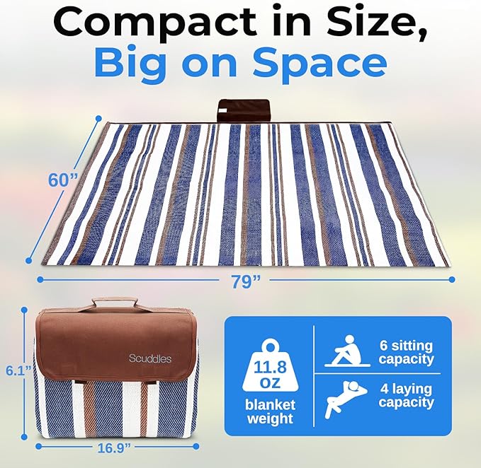 scuddles Extra Large Picnic & Outdoor Blanket Dual Layers for Outdoor Water-Resistant Handy Mat Tote Spring Summer Camping Blanket Great for The Beach