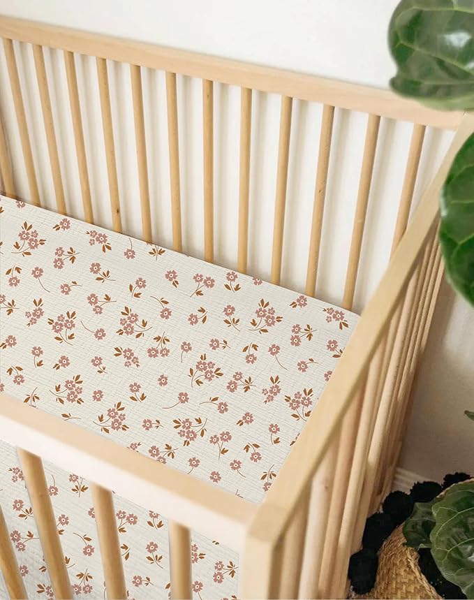 Muslin Bedside Bassinet Sheets 2 Pack, 33x20 Fitted Ultra Soft & Breathable Bedside Sleeper Sheets, Ideal for Baby Girl and Boy, Perfect for Newborns (Floral & Pink)