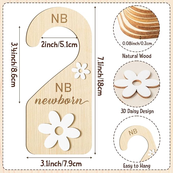 R HORSE Wooden Baby Closet Dividers - 8Pcs Double-Sided 3D Daisy Nursery Closet Organizer Baby Clothes Size Hanger Dividers Newborn Nursery Decor Birthday Gift for Boy Girl (0-24 Months)