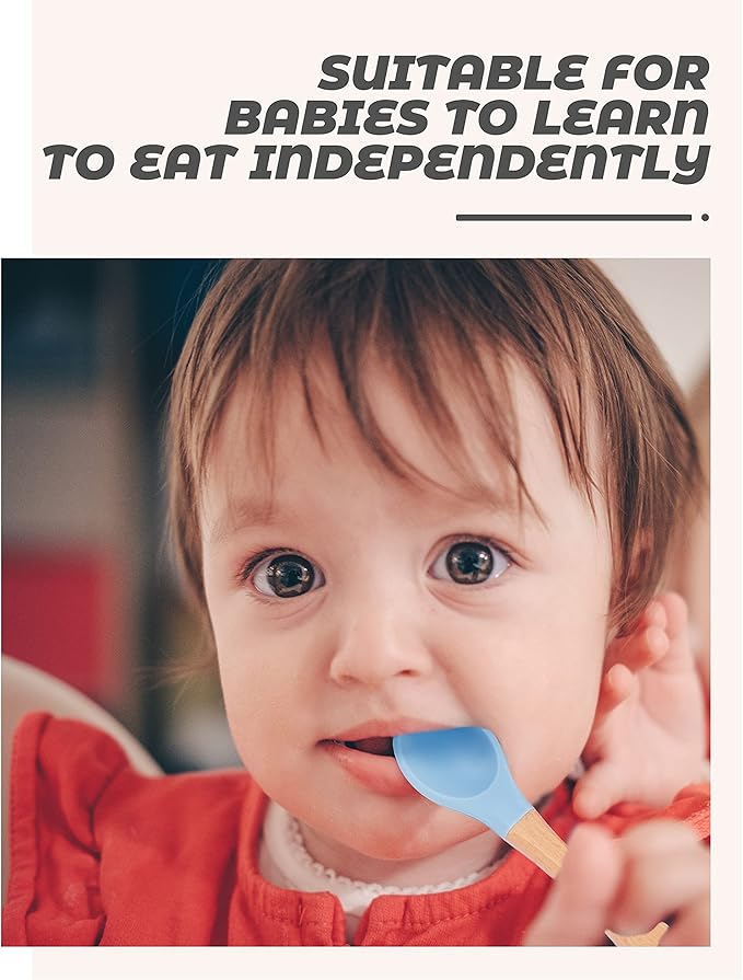 10 pcs Baby Spoons and Forks, First Stage Baby Led Weaning Spoons, Chewable Baby Utensils for Self-Feeding, Bamboo and Silicone Baby Utensils, Kids Utensils for Over 6 Months Babies
