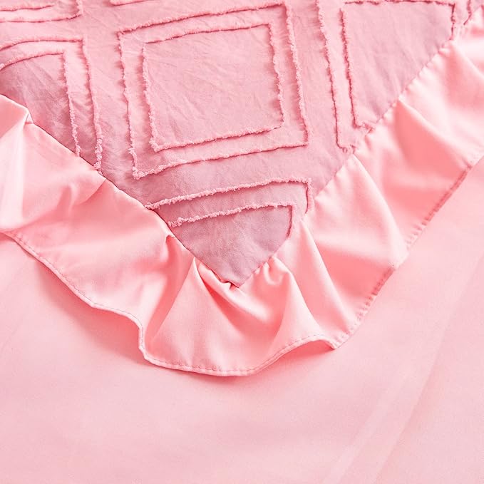 Mini Crib Bedding Set 3 Pieces Baby Boho Quilted Tufted Ruffles Comforter with Fitted Sheet and Ruffled Bed Skirt - Cute Shabby Baby Bedding Fits Mini Crib Only Pink
