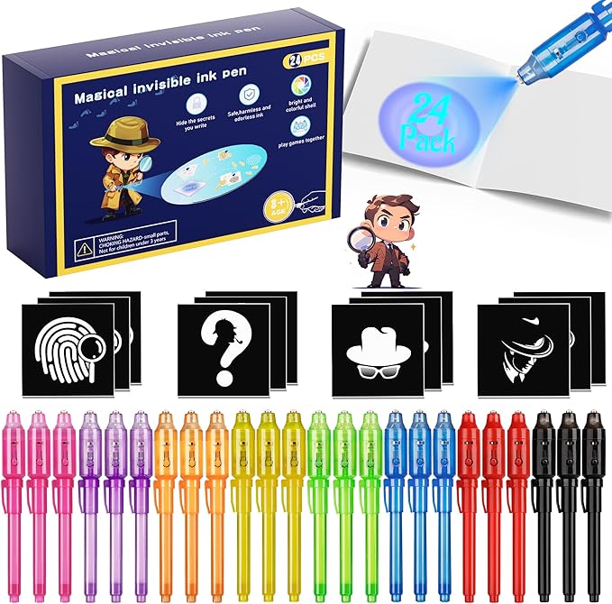 Invisible Ink Pen 24Pcs+ Notebooks, Spy Pens with UV Light, Magic Marker, Classroom Prize, Birthday Party Favors for Kids 8-12, Kids Stocking Stuffers