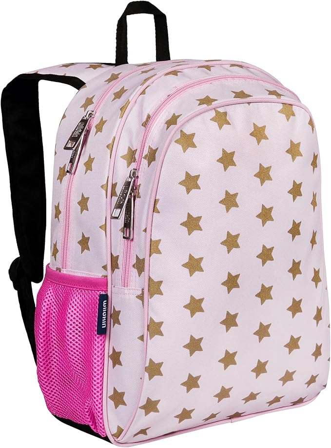 Wildkin 15-inch Kids Backpack – Durable, Padded, Adjustable for School & Travel - Pink and Gold Stars