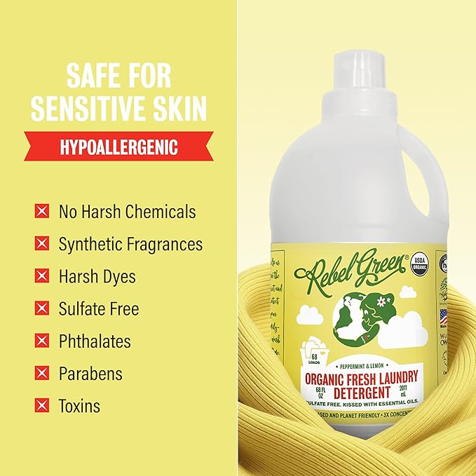 Rebel Green Organic Laundry Detergent - Natural Laundry Soap - Liquid Laundry Detergent with Dispenser Cup - Gentle Laundry Detergent - Fresh Peppermint & Lemon Scent - (68 Load Bottles, 2 Pack)