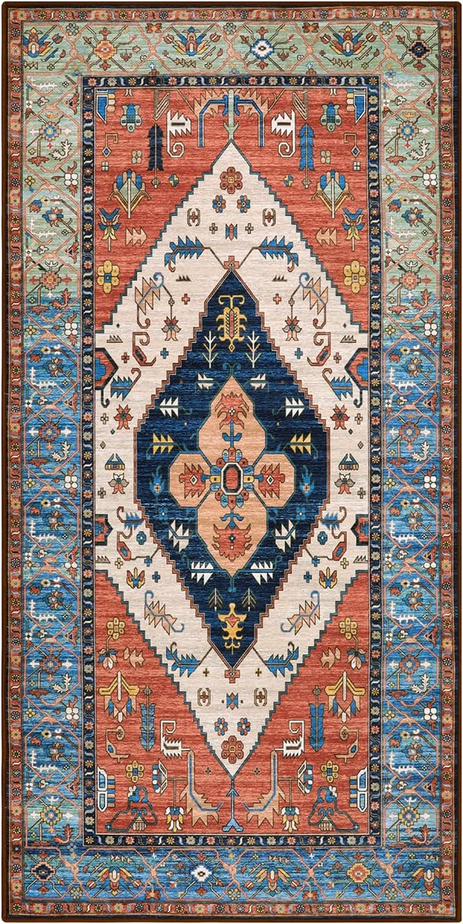 Lahome Boho Runner Rugs for Hallway - 2x4 Bathroom Area Rugs Non-Slip Small Throw Kitchen Rug Low-Pile Rugs for Entryway Laundry Room Rug Oriental Distressed Indoor Carpert Runner for Entrance BathRug