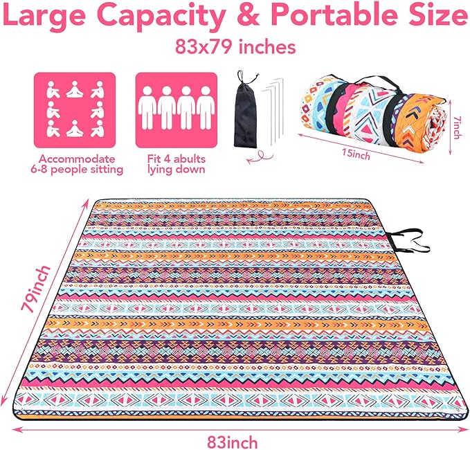PY SUPER MODE Picnic Blankets Extra Large, Waterproof Foldable Outdoor Beach Blanket Oversized 83x79” Sandproof, 3-Layer Picnic Mat for Camping, Hiking, Travel, Park, Concerts-Bohemian Brown