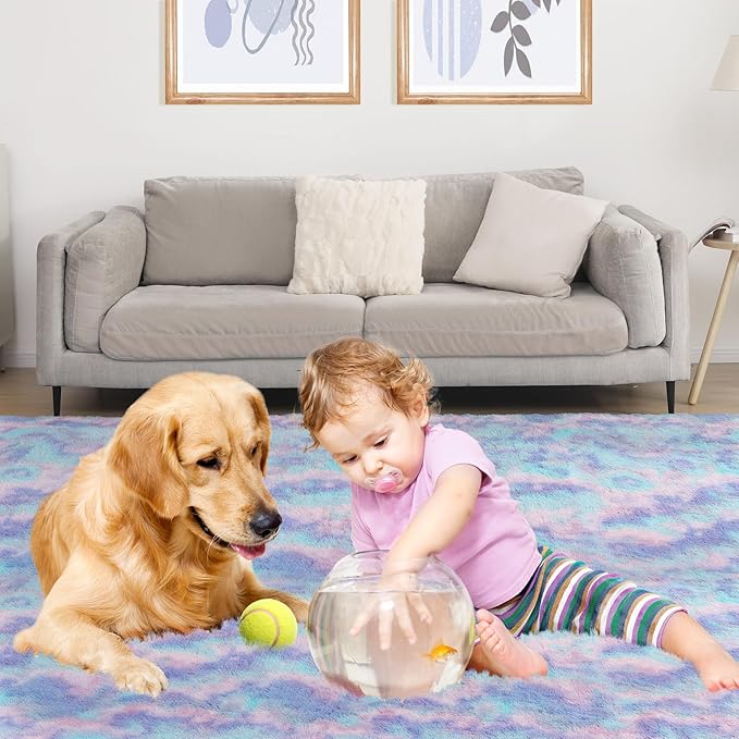 Rainbow Rug for Girls Room, 8x10 Fluffy Area Rugs for Bedroom, Colorful Kids Rug Cute Anti-Skid Indoor Carpet for Nursery, Living Room, Playroom, Home Decor