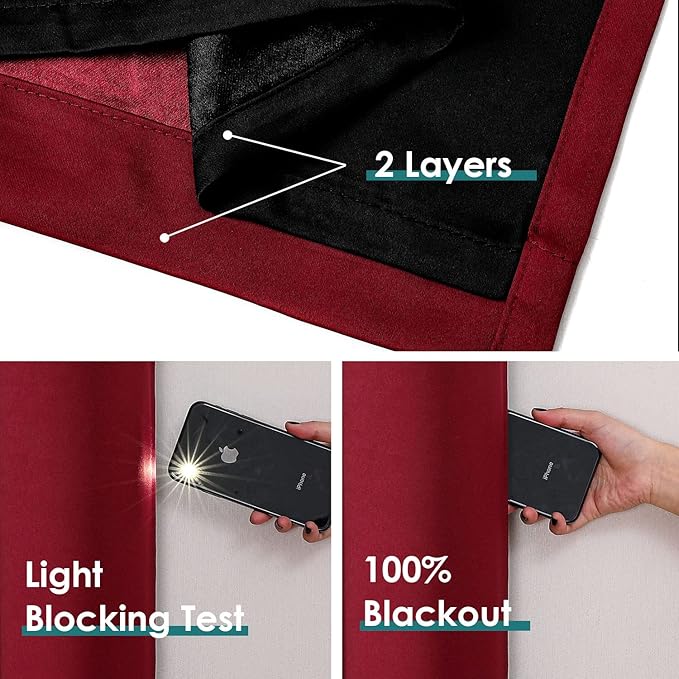 ChrisDowa 100% Blackout Curtains 80 inch Long for Bedroom with Black Liner, 2 Thick Layers Total Blackout Thermal Insulated Grommet Window Curtains 2 Panels Set (Burgundy, 52 x 80 Inch)