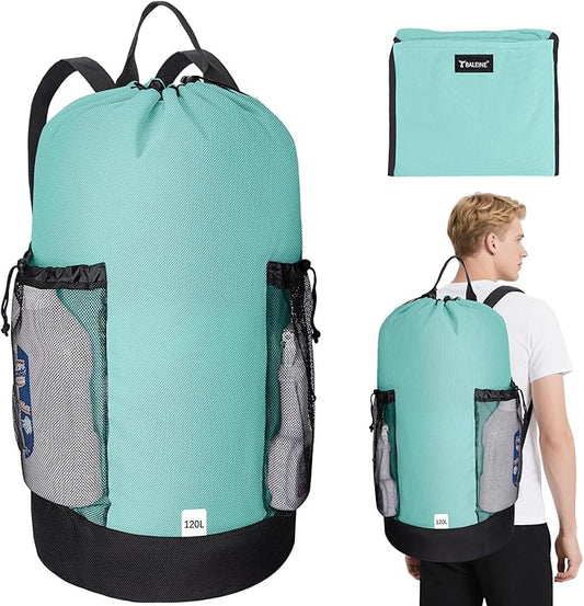 BALEINE 120L Laundry Bag Backpack, 900D Oxford Fabric Large Travel Laundry Bags with Shoulder Straps and 2 Mesh Pockets for College Dorm, Apartment, Laundromat (Sky Blue, 120L)