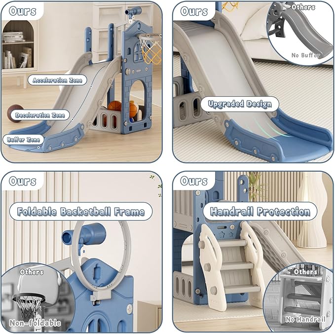 YUFU 5 in 1 Toddler Slide, Kids Slide with Climber, Basketball Hoop and Ball, Outdoor Indoor Playset for Toddlers Age 1-3 (Blue+Gray)