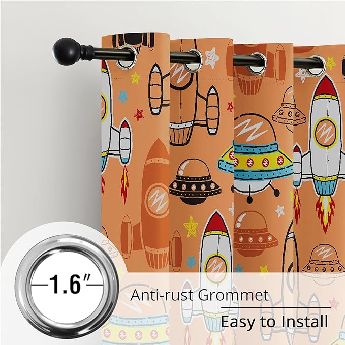 Kids Space UFO Rocket Blackout Curtains - 100% Blackout, Thermal Insulated, Noise Reducing, Perfect for Kids Room and Nursery, 2 Panels (Sunny Space Parade, W52×L63)