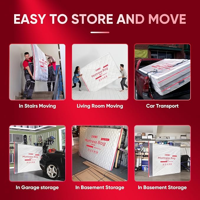 ZCHENBS® – Mattress Bags for Moving and Storage,Mattress Bag with Zippers,5 Mil Ultra-Thick Bed Bag,Waterproof,Anti-Tear,Heavy-Duty Mattress bag (Transaparent/Red, Queen-(2 Pack))