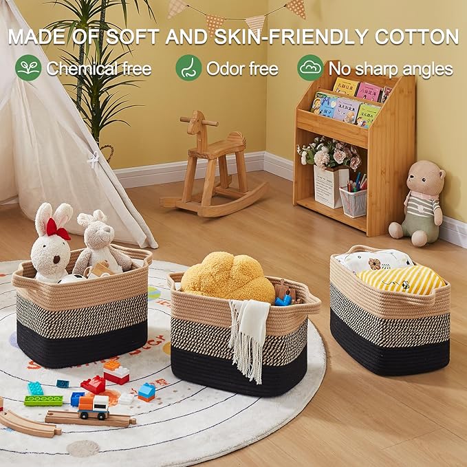 OIAHOMY Storage Basket, Woven Baskets for Storage, Cotton Rope Basket for toys,Towel Baskets for Bathroom - Pack of 3, Black & Brown