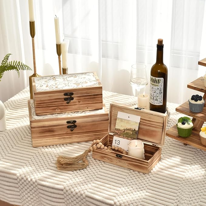 Wooden Box Set of 3 - Rustic Farmhouse Decorative Boxes with Hinged Lid and Carved Design