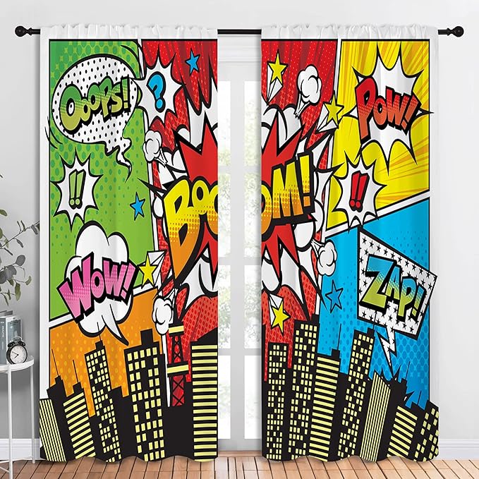 Superhero City Wars Explosion Rod Pocket Blackout Curtains for Boy Girl Bedroom, Colorful Comics Ar Home Energy Efficient Light Filtering Window Curtain for Living Room, 84x84 inch