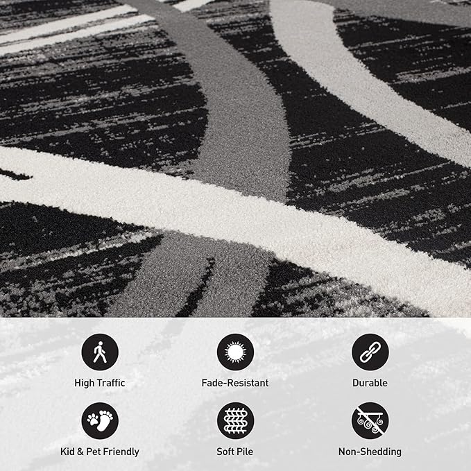 Rugshop Modern Wavy Circles Design Runner Rug 2' x 7'2" Black