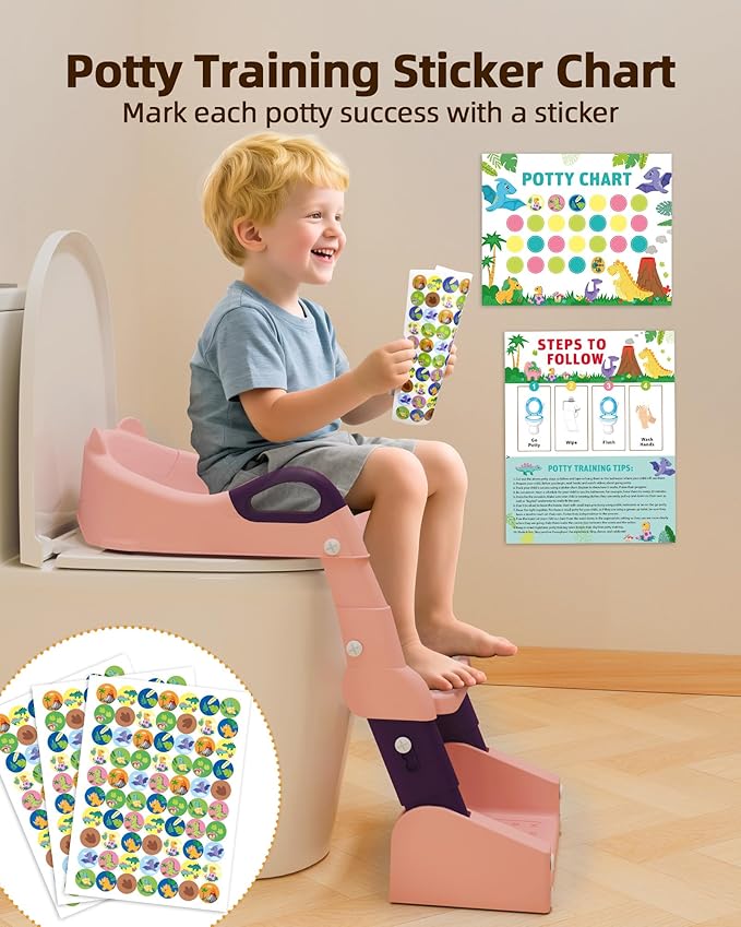 3-in-1 Potty Training Toilet, Toddler Toilet Seat with Step Stool, Foldable Potty Ladder with Potty Chart, PU Cushion, Splash Guard, Anti-Slip Steps & Urinal for Girls & Boys, Pink