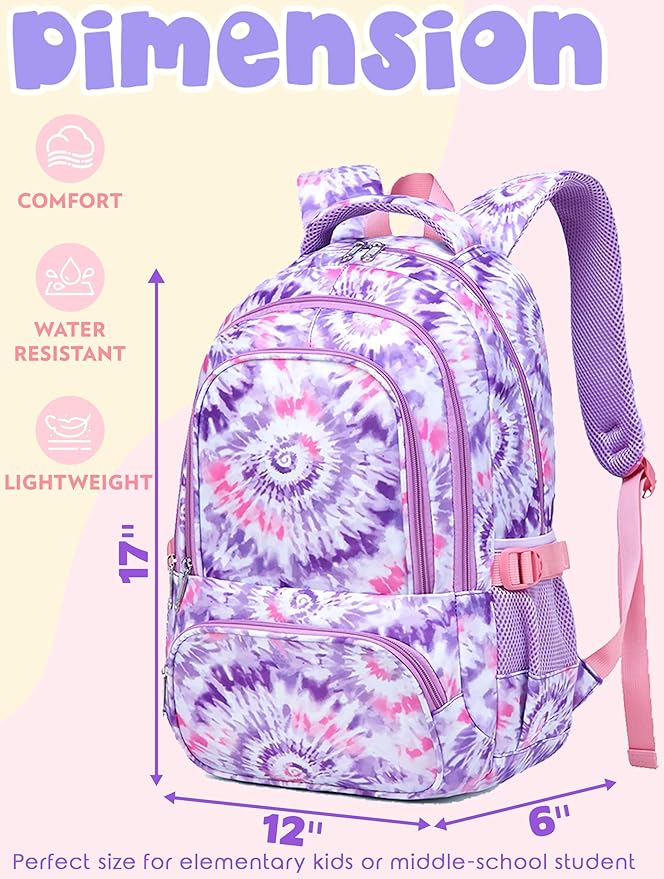 BLUEFAIRY Kids Backpack for Girls Elementary Primary Middle School Bag for Aged 8-10 for Teens Childs Bookbag Back to School Bag Mochilas Escolares para Niñas de 7 8 9 10 Tie-dye Purple
