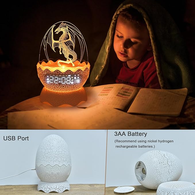 Unique Dragon Egg Digital Clock Ok to Wake Up Alarm Clock with Night Light / Lullaby White Noise / Bluetooth Speaker, Remote Control 16 Colors & Brightness & Volume, Cool Dragon Gift for Kids/Adult