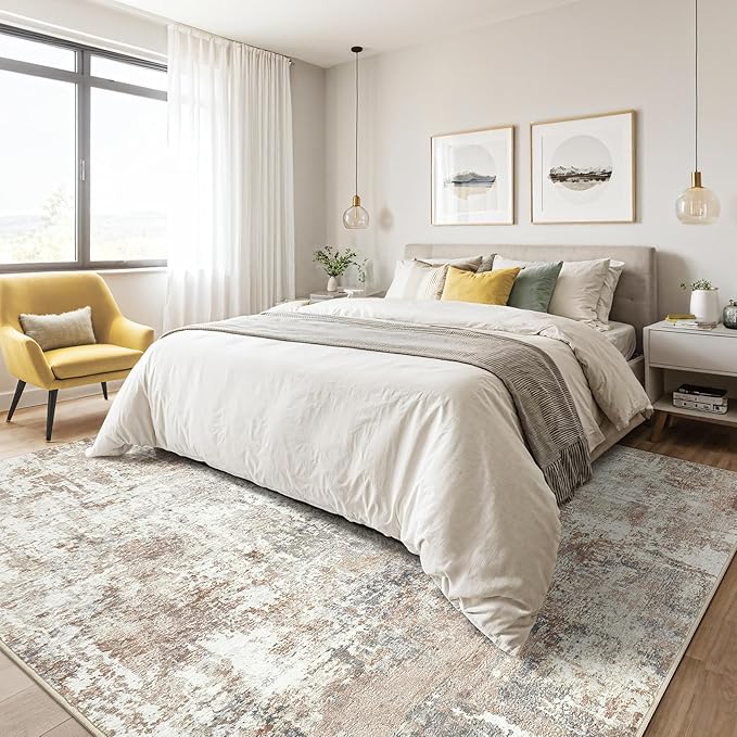 5x8 Area Rug Living Room: Machine Washable Large Abstract Modern Soft Rugs Stain Resistant Indoor Floor Non Slip Accent Carpet for Bedroom Nursery Playroom Office Dining Room Dorm Home House- Brown