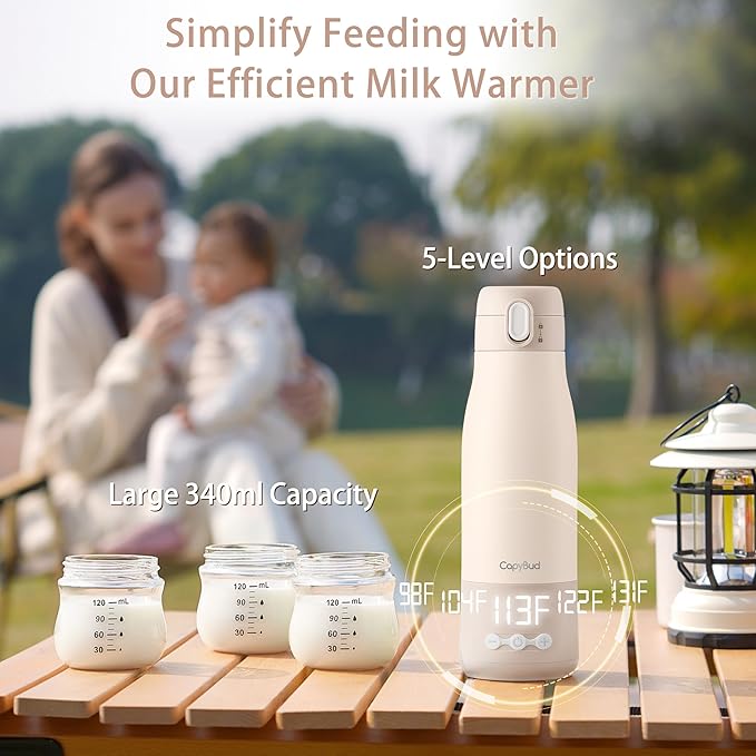 Portable Bottle Warmer for Travel, 12 Oz Milk Warmer for Breastmilk Formula Water, 3 Mins Fast Heating, Long Battery Life, 5 Levels Smart Temp Control, Ideal for Night Feeding, Travel, Car