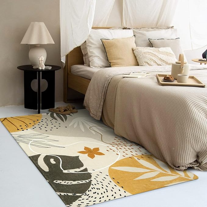 LLahome Boho 3x5 Washable Area Rug - Small Non-Slip Low-Profile Soft Rugs for Bedroom Living Room, Ultra-Thin Botanical Print Indoor Modern Carpet for Entryway Laundry Room Kitchen Office, Tan