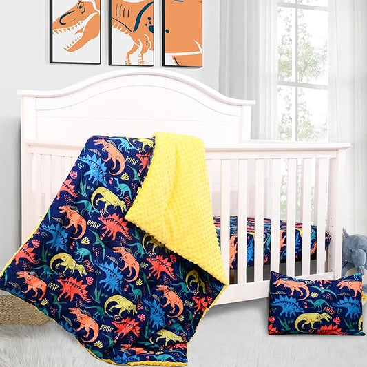 Cloele Crib Bedding Set for Boys,3 Piece Dinosaur Crib Bedding Set,Include Soft Baby Comforter,Breathable Fitted Sheet & Pillowcase,Navy Blue Nursery Baby Bedding for Boys