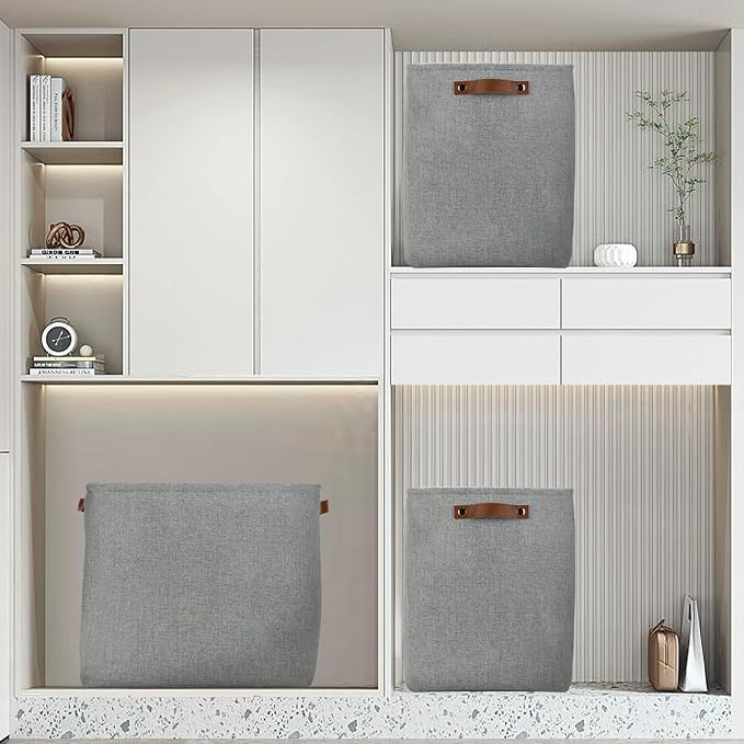DULLEMELO Large Storage Baskets for Blankets Living Room 51L Canvas Storage Baskets for Organizing 3 Pack Collapsible Baskets Bins for Organizing Home Office with Handles (Grey)