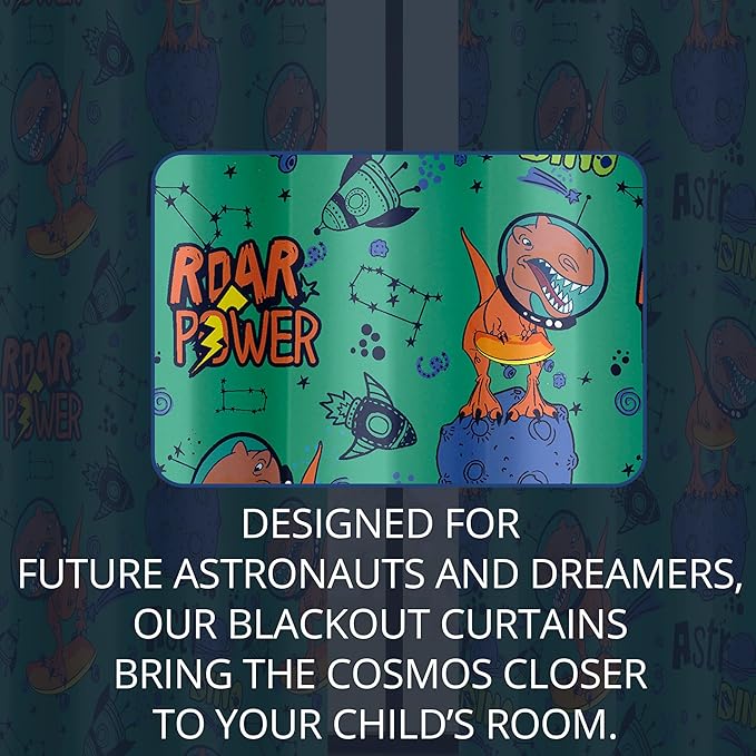 Kids Space Dinosaur Blackout Curtains - 100% Blackout, Thermal Insulated, Noise Reducing, Perfect for Kids Room and Nursery, 2 Panels (Roar Power Dino, W52×L63)