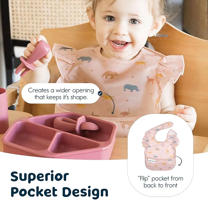 Tiny Twinkle Mess Proof Baby Bibs for Eating - Waterproof, Wipeable Bibs - Toddler Bibs - Travel Friendly - PFAS, PVC, BPA, Phthalate Free - Baby Food Bibs(3 Pack,Petite Safari)