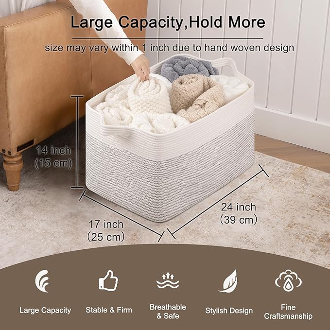 OIAHOMY 95L Blanket Basket, 24”x17”x14”, Large Woven Baskets for Storage, Nursery Cotton Rope Basket with Handle, Living Room, Nursery, Bedroom,Toy Baskets Organizer Bins, Black and White
