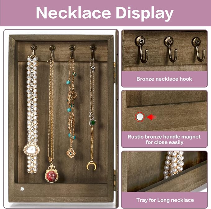 Meangood Jewelry Box Wood for Women, 5-Layer Large Organizer Box with Mirror & 4 Drawers for Rings, Earrings, Necklaces, Vintage Style, Weathered Grey