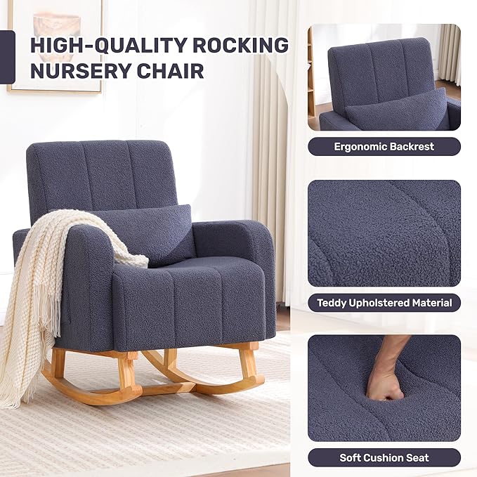 Rocking Chair with Ottoman, Upholstered Glider Rocker with High Backrest and Side Pocket, Comfy Reading Chair with Solid Wood Legs for Nursery, Living Room,Bedroom Dark Grey