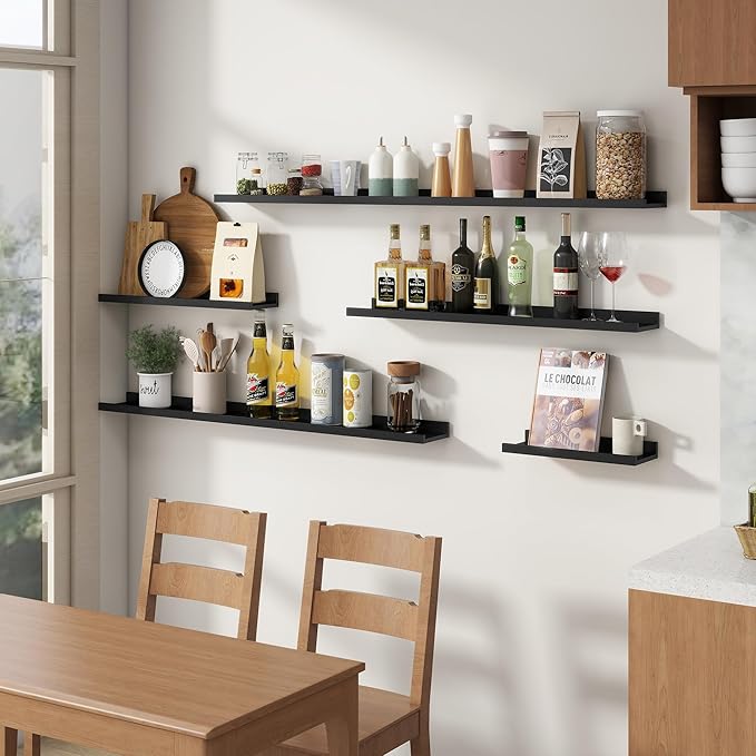 Floating Picture Ledge Shelves for Wall Set of 8, 16 Inch Solid Wood Wall Shelves with Lip Long Large Nursery Book Shelf for Toys Storage Kids Bookshelf Wall Mounted Living Room Bedroom Decor Frames