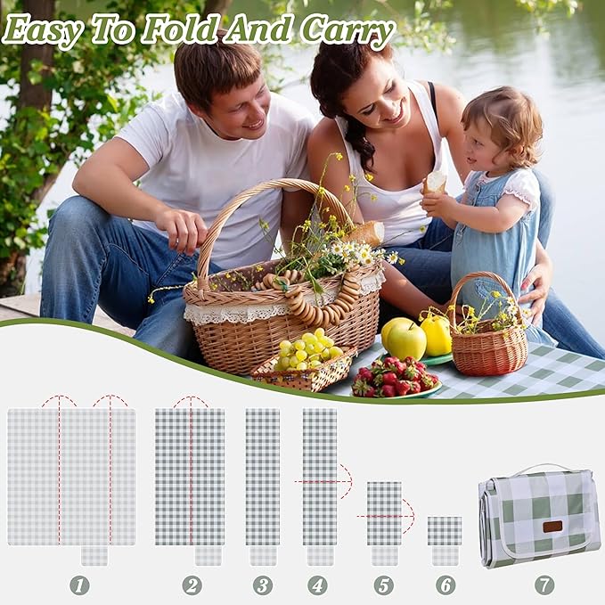 80"x80" Extra Large Waterproof Outdoor Mat - Sandproof Foldable Picnic Blanket for Family Camping, Backyard, Beach Parties - Heavy Duty & Easy Storage (Green&White)