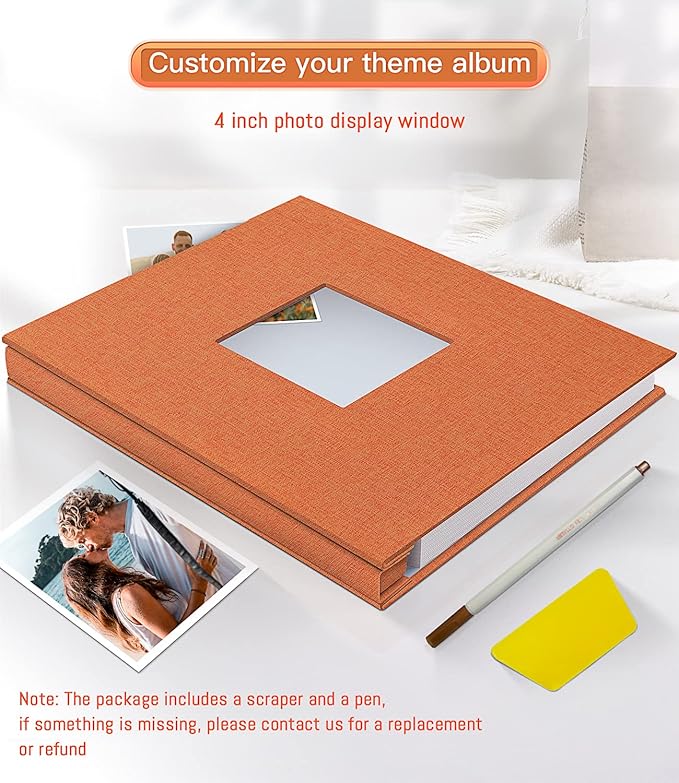 popotop Photo Album Self Adhesive with Picture Display Window,60 Pages DIY Scrapbooking Supplies Kit for 4x6 8x10 Picture,Linen Cover Memory Book for Baby Wedding, with Scraper and Metallic Pen