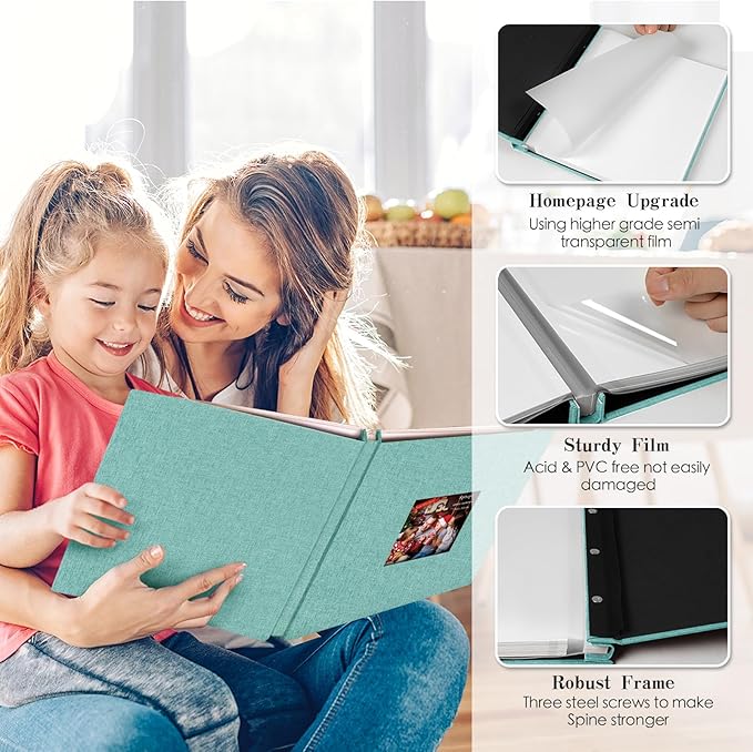 Spbapr Large Photo Album Self Adhesive 60 Pages Linen cover DIY Magnetic Scrapbook album with A Metal Pen Hold 3x5 4x6 5x7 6x8 8x10 Pictures Turquoise