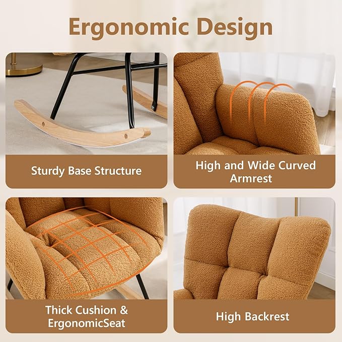 NIOIIKIT Nursery Rocking Chair Teddy Upholstered Glider Rocker Rocking Accent Chair Padded Seat with High Backrest Armchair Comfy Side Chair for Living Room Bedroom Offices (Kahaki Teddy)