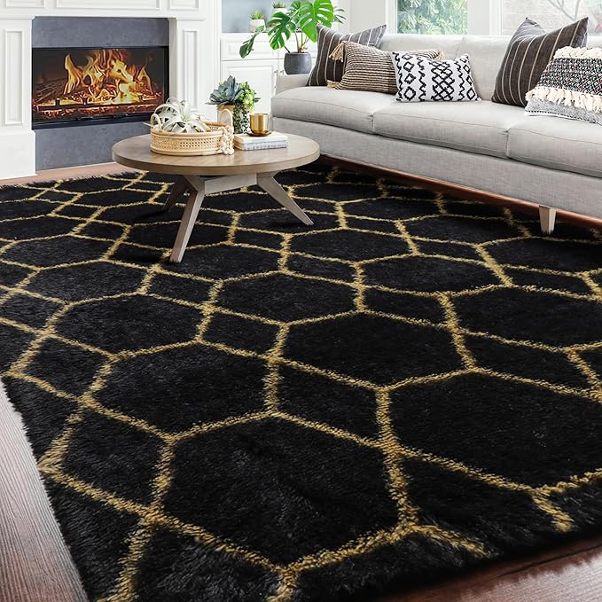 ONASAR 8x10 Area Rugs for Living Room, Fluffy Black and Gold Bedroom Rug, Washable Geometric Boho Large Soft Plush Shaggy Fuzzy Floor Carpet for Nursery Kids Classroom Playroom Dorm Home Decor