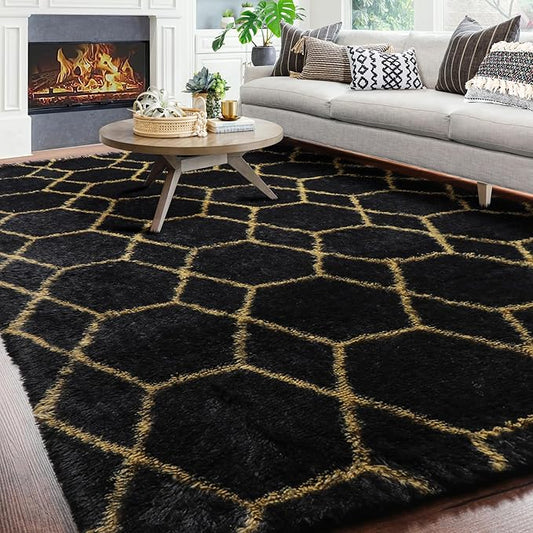 ONASAR 8x10 Area Rugs for Living Room, Fluffy Black and Gold Bedroom Rug, Washable Geometric Boho Large Soft Plush Shaggy Fuzzy Floor Carpet for Nursery Kids Classroom Playroom Dorm Home Decor