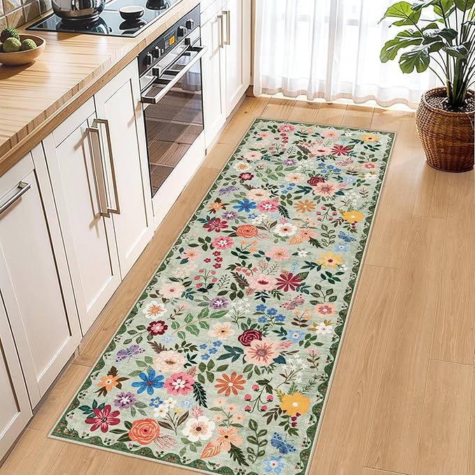 Runner Rug for Entryway: 2.6x8 Kitchen Rugs Non Slip Washable Ultra-Thin Soft Floral Carpet Indoor Floor Stain Resistant Carpets for Hallway Bedroom Kitchen Laundry Bathroom Dorm Green