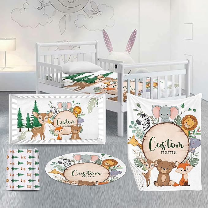 Custom Nursery Crib Bedding Set: Personalized Name 4 Piece Animal Theme Baby Crib Sets for Boys Girls - Toddler Double Layer Blanket Set, Comfortable Crib Bed Sheets for Baby Toddlers