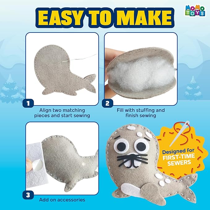 MOMOTOYS Arctic Animals Beginner Sewing Kit for Kids Ages 7+ – Includes 9 Kids Sewing Projects with Tools & Art Supplies – DIY Felt Crafts for Girls & Boys – Gifts for 7, 8, 9, 10, 11, 12 Year Old
