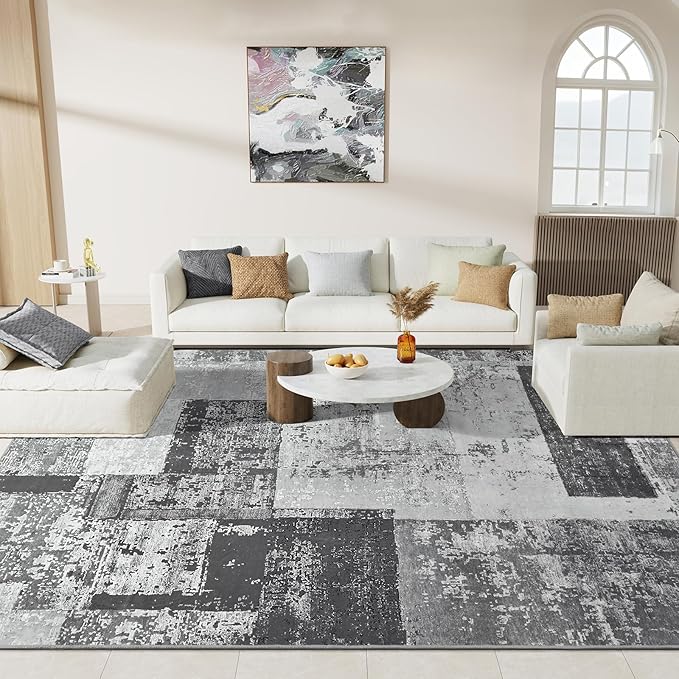 LOCHAS Rug for Living Room, Washable Soft Area Rugs for Bedroom 5x8, Abstract Carpet for Indoor Office Kids Dining Room Nursery Floor, Grey Geometric Vintage Home Decor, Non Slip, Pet Child Friendly
