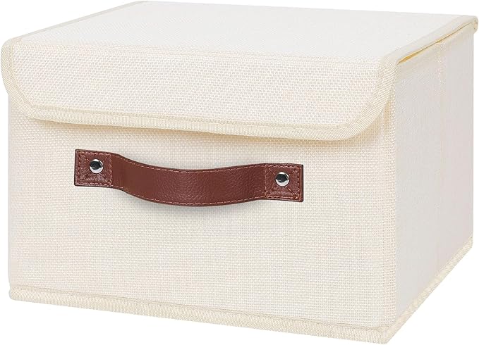 ANMINY 4PCS Storage Bins with Lid PU Leather Handles Storage Boxes PP Plastic Board Decorative Foldable Lidded Cotton Linen Fabric Home Cubes Baskets Closet Organizer Containers - Beige, Small Size