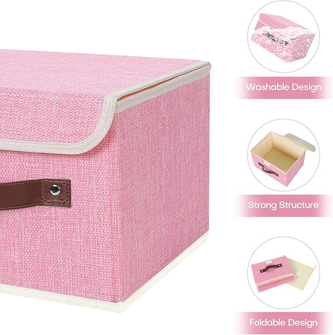 ANMINY 4PCS Storage Bins with Lid PU Leather Handles Storage Boxes PP Plastic Board Decorative Foldable Lidded Cotton Linen Fabric Home Cubes Baskets Closet Organizer Containers - Pink, Small Size