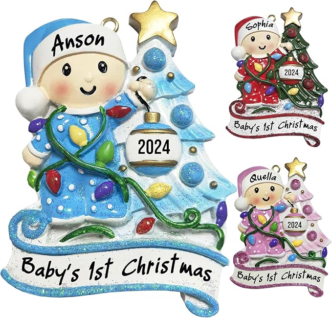 Baby's First Christmas Ornament 2025 Personalized Christmas Ornaments with Name Snow Baby in Stocking with Snowflake Custom Tree Ornament Decorations Ornaments,Blue