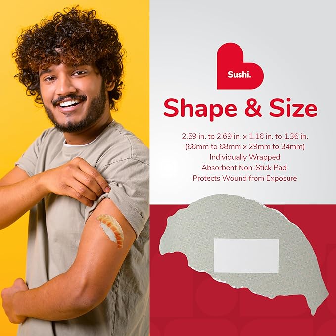 BioSwiss Bandages, Sushi Shaped Self Adhesive Bandage, Latex Free Sterile Wound Care, Fun First Aid Kit Supplies for Kids, 50 Count