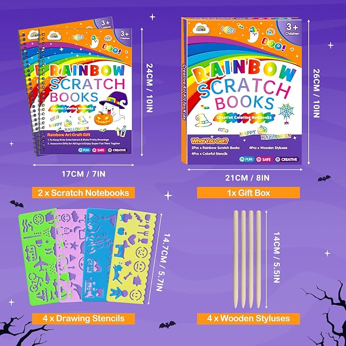 ZMLM Scratch Paper Art Craft: 2 Pack Rainbow Scratch Set for 3 4 5 6 7 8 9 10 Years Old Girls Boys Students Drawing Coloring Black Magic Art Supplies Kits Gifts School Birthday Party Toys(Halloween)