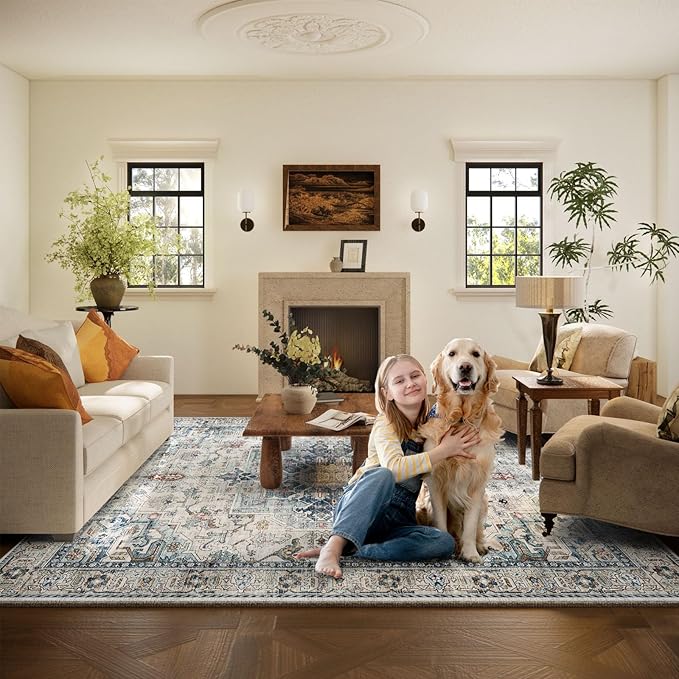 6x9 Area Rugs for Living Room: Washable Bedroom Rug Boho Vintage Rugs Stain Resistant Non Slip Low Pile Soft Lightweight Carpet for Kitchen Dining Room Farmhouse Nursery Kids Room Home Office